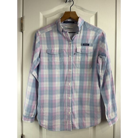 Columbia Women's PFG Super Bonehead Button Down Shirt Pink Blue Plaid Size XS - Picture 1 of 12